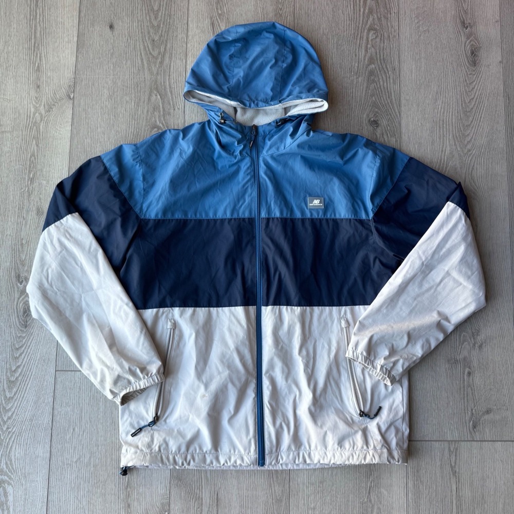 New Balance Mens M Blue White Colorblock Fleece Lined Hooded Windbreaker Jacket
